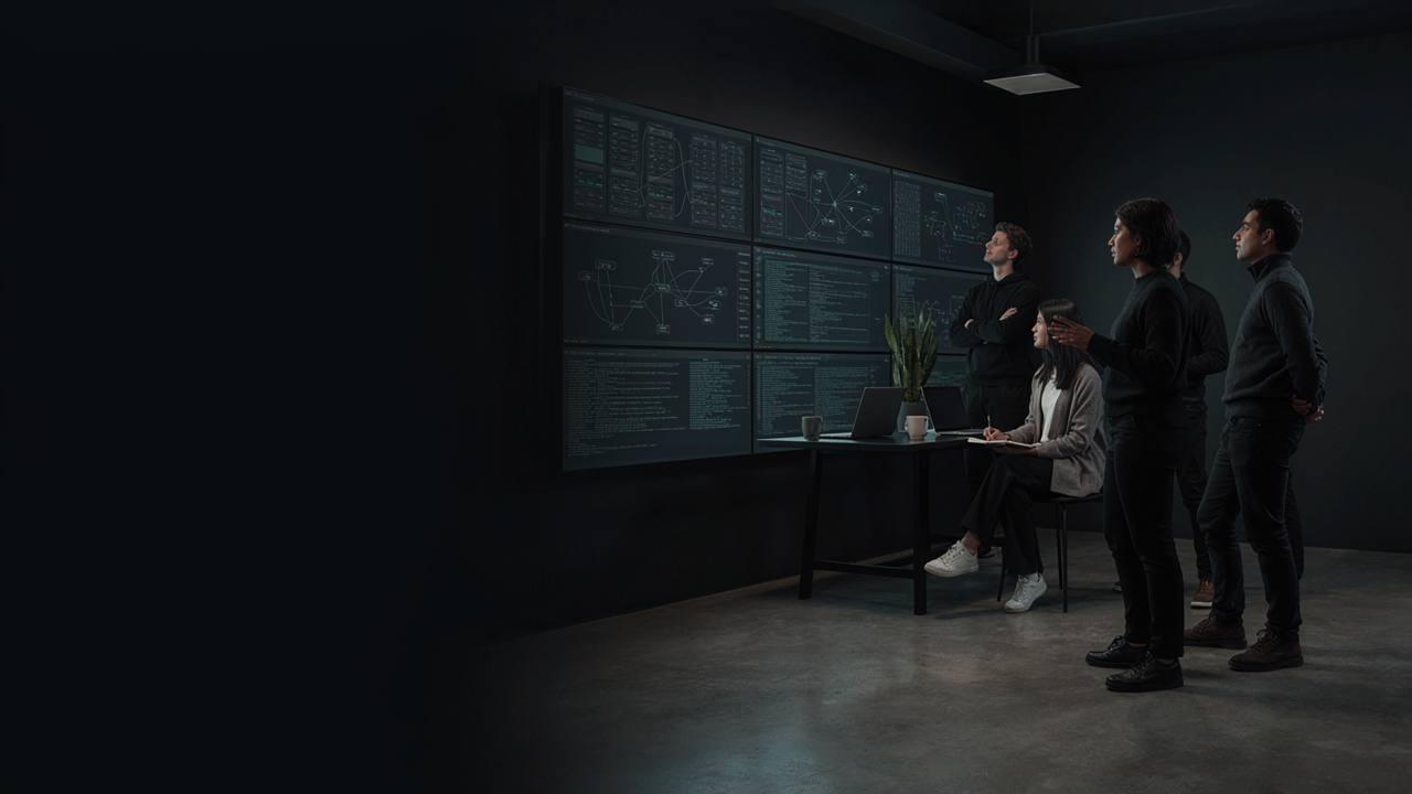 Technology team reviewing systems in a dark operations studio